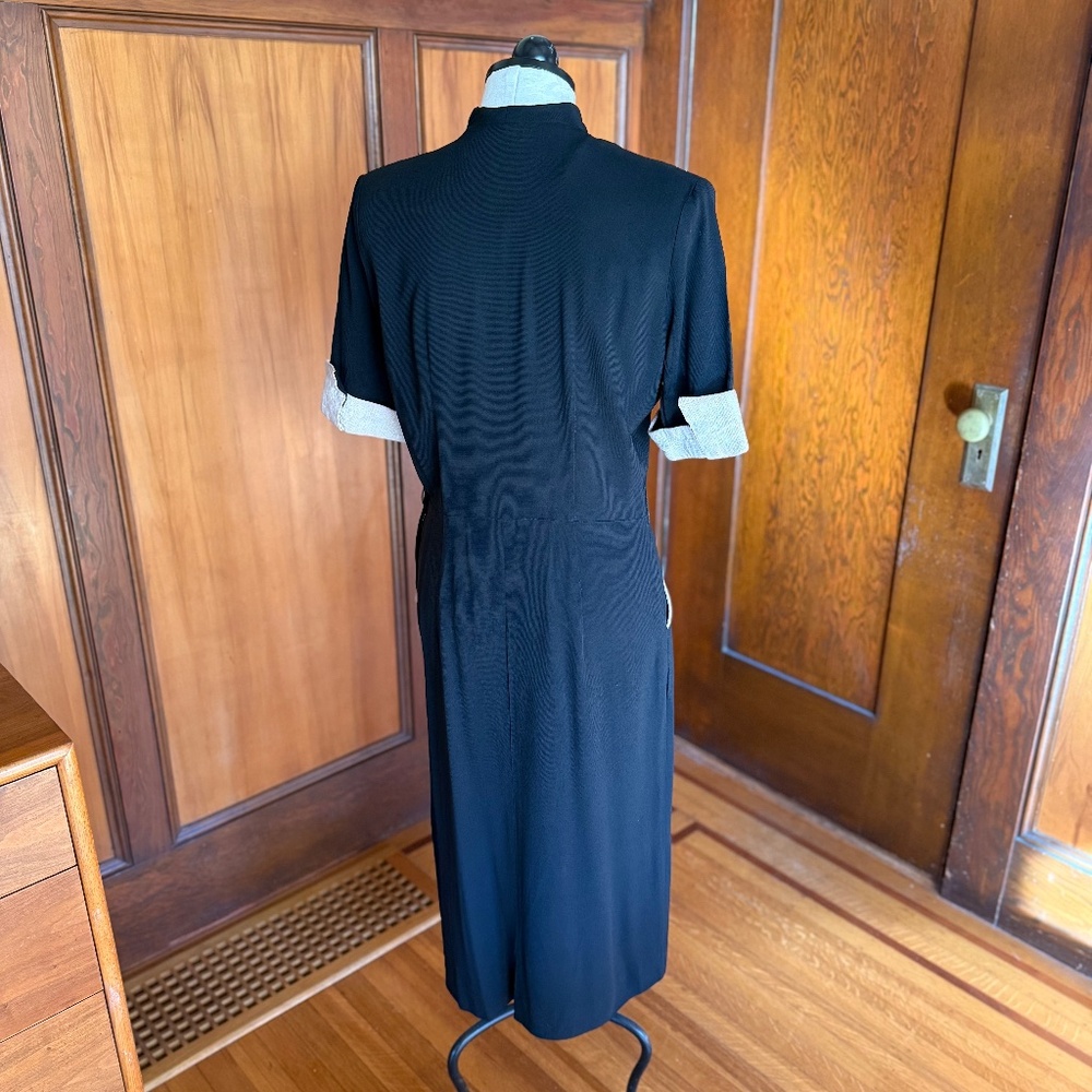 Vintage 40s 50s Black Cocktail Evening Dress w/ White Gold Lurex Rhinestones, XL - Picture 9 of 9